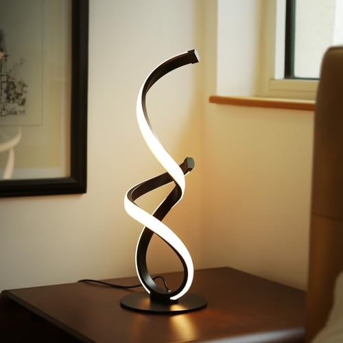 Modern Dimmable LED Spiral Touch Table Lamp for Nightstand | 3 Color Temperature Desk Lamp, Unique Bedside Light for Living Room, Bedroom, Cool Lamps for Ideal Gift, Black - style: S-Shape-Black