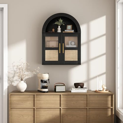 RUSTOWN Arched Bathroom Wall Cabinet with 2 Glass & Rattan Doors | Rattan Medicine Cabinet, Farmhouse Over the Toilet Storage Cabinet, Adjustable Shelves, 3-Tier Wall Mounted Cabinets - color: Rustic Black