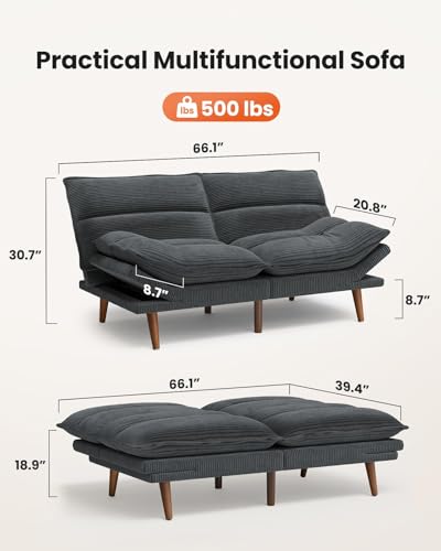 Convertible Futon Sofa Bed - Corduroy Loveseat with Adjustable Backrest & Armrests, Thickened Seat Cushion, Small Space Sleeper Couch for Apartment, Study Room & Office