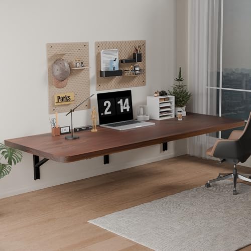 IAE Floating Wall Mounted Folding Table Desk with Pine Wood,55x22in, Walnut | Foldable Workbench,Fold Down Wall Mounted Foldable Desk with Shelf Brackets,Laundry Folding Table for Home,Dining,Kitchen - color: Walnut, size: 55*22*10 Inch
