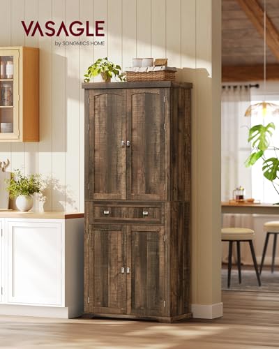VASAGLE Pantry Cabinet, Freestanding Tall Cupboard with a Drawer | Freestanding cupboard with 2 cabinets, 6 adjustable shelves, Deep Brown, UBBK561K01 - color: Deep Brown, style: Modern