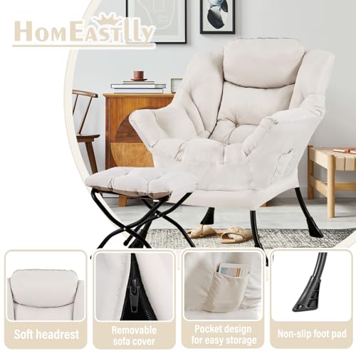 Lazy Chair with Ottoman, Soft Comfy Chair for Bedroom, Beige | Reading Accent Lounge Chair with folding Foot Stool for Living Room Dorm Apartment, sturdy metal frame - color: Beige