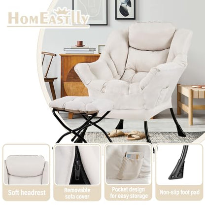 Lazy Chair with Ottoman, Soft Comfy Chair for Bedroom, Beige | Reading Accent Lounge Chair with folding Foot Stool for Living Room Dorm Apartment, sturdy metal frame - color: Beige