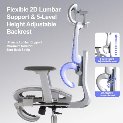 Office Chair with Footrest, Ergonomic Chair with 3D Headrest, Computer Chair with Adjustable Backrest & 3D Armrest, Gaming Chair with Adaptive Lumbar Support, Mesh Backrest & Cushion, Grey - color: Grey, style: Lite