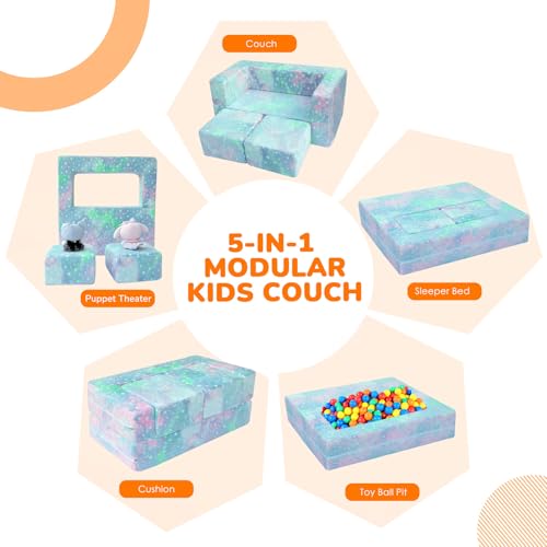 MeMoreCool Glow in Dark Star Kids Couch, Modular Fold Out Loveseat | Glow in dark star kids couch, colorful modular loveseat for bedroom playroom furniture - color: Colourful Star