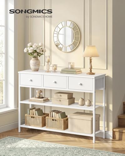 SONGMICS Console Table, Narrow Sofa Table with 2 Mesh Shelves | For Entryway, Living Room, 3 Fabric Drawers, Cloud White, BELLAH Collection ULGS098W101 - color: Cloud White, size: 11.8"D x 38.9"W x 31"H (3 Drawers)