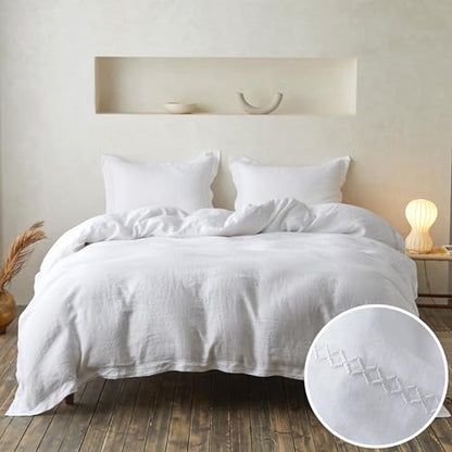 Simple&Opulence 100% Linen Duvet Cover Set with Crossed Embroidery Washed - 3 Pieces (1 Duvet Cover with 2 Pillow Shams) Soft Breathable Farmhouse - White, Queen Size - color: Crossed-white, size: Queen