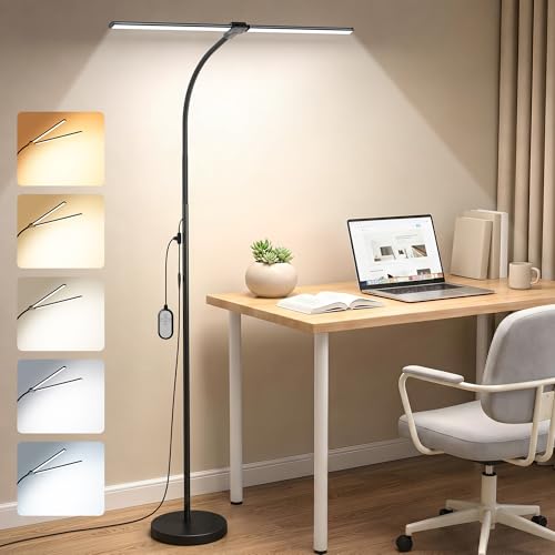 Dual-head LED Floor Lamp 20W 1400LM Adjustable Neck Color Changing Light | Adjustable Brightness & Color Temperature, Modern Corner Tall Standing Lamp for Living Room Office Bedroom Reading - color: Black