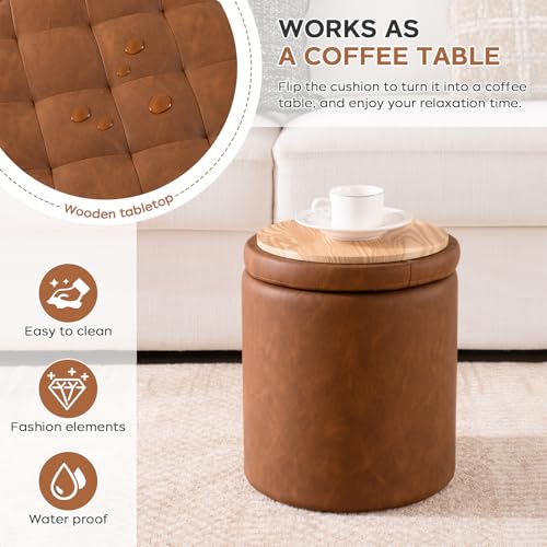 Round Ottoman with Storage Set of 2, 12.6"W x 14.17"H & 14.76"W x 17.32"H Faux Leather Button Tufted Storage Ottoman, Boucle Vanity Stool Footrest Coffee Table for Living Room, Bedroom, Brown - color: Brown
