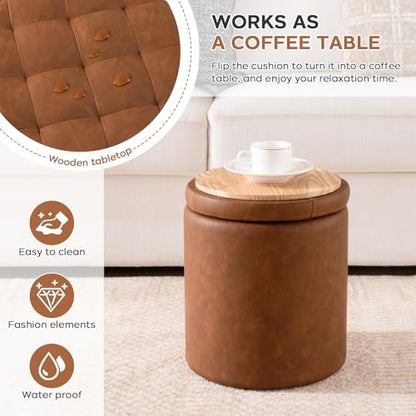 Round Ottoman with Storage Set of 2, 12.6"W x 14.17"H & 14.76"W x 17.32"H Faux Leather Button Tufted Storage Ottoman, Boucle Vanity Stool Footrest Coffee Table for Living Room, Bedroom, Brown - color: Brown