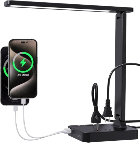LED Desk Lamp for Dorm Office, USB-C & 2 AC Outlets Charging, Black | LED Desk Lamps for Home Office with 2 USB Charging Ports(1 USB-C), 2 AC Outlets, Foldable Small Desk Lamp for Study Reading - color: Black