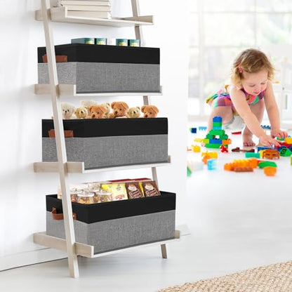 3 Pack Large Capacity Storage Bins Closet Organizer for Shelves | Fabric Closet Storage Baskets Boxes with Leather Handles for Organizing Clothes, Sheets, Jeans, Toys, Books (Black and Grey) - style: 3 Pack Black & Grey