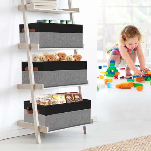 3 Pack Large Capacity Storage Bins Closet Organizer for Shelves | Fabric Closet Storage Baskets Boxes with Leather Handles for Organizing Clothes, Sheets, Jeans, Toys, Books (Black and Grey) - style: 3 Pack Black & Grey