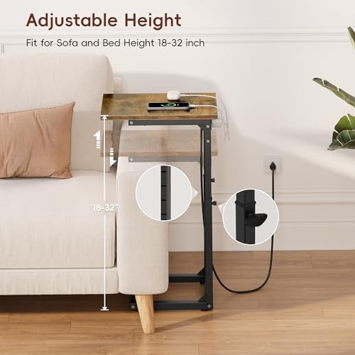 C Shaped End Table with Charging Station, 33"Tall Side Table for Couch, C-Table End Table Adjustable Height Side Table,Slide Under Couch Table TV Tray Table for Sofa,Living Room,Bedroom,Brown - color: Rustic Brown, style: Charging Station