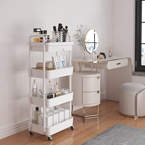 Calmootey 4-Tier Rolling Utility Cart with Drawer,Multifunctional Storage Organizer with Plastic Shelf & Metal Wheel,Storage Cart for Kitchen,Bathroom,Living Room,Office,White | Space-Saving Organizer, Sturdy Plastic Shelves, Smooth-Rolling Metal Wheels,