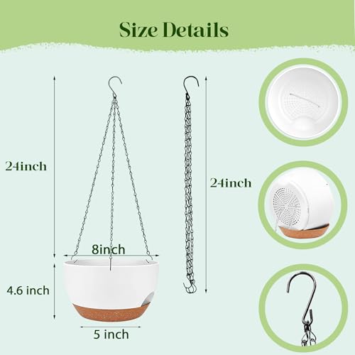 Set of 4-8 Inch Self Watering Hanging Planters for Indoor Outdoor，Hanging Plant Pots with Drainage & Removable Tray, Hanging Pots Holder for Ivy, Pothos, Ferns, Balcony & Patio, White Brown - color: White Brown, size: 4 pack 8 inch