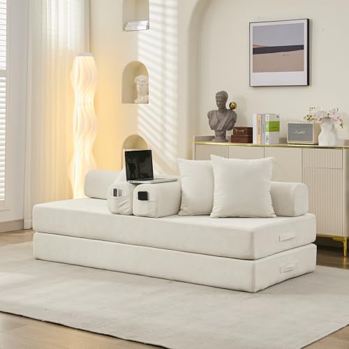 Convertible Folding Sofa Bed Modular Floor Couch, 78.8‘’ Cloud Sleeper Sofa with Removable Backrest, Chenille Foldable Mattress Couch, Lazy Loveseat for Small Space, Apartment, Bedroom, Beige - color: #3-beige