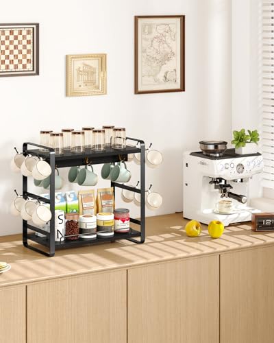 IBUYKE Kitchen Mug Cup Holder,2 Tier Coffee Bar Organizer,Black TBJ006B | Coffee Bar Station Countertop Organizer Coffee Mug Stand with 18 Hooks,Multifunctional Mug Tree for Home Kitchen Office - color: Black