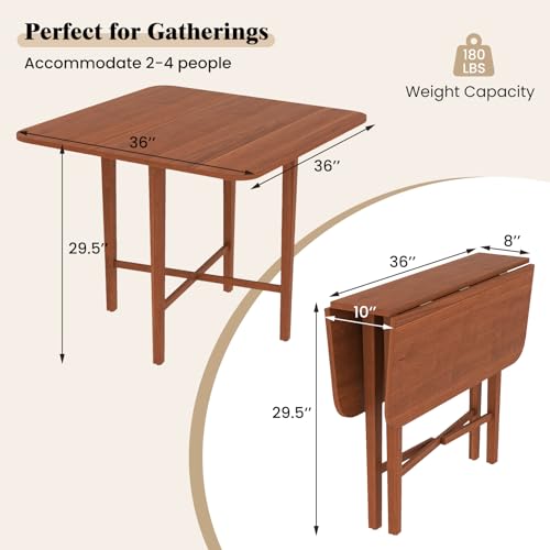 COSTWAY Square Drop Leaf Dining Table, 36" Compact Folding Kitchen Table | Solid Rubber Wood Legs, Farmhouse Extendable Table for for 2-4 People, Dining Room, Small Space, Apartment, Walnut - color: Walnut