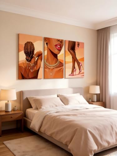 RYZopmuy Black Girl Wall Art Set of 3 Modern Black Female Painting Pictures | African American Black Women Canvas Posters Black Female Painting Pictures for Bedroom Living Room Bathroom 12x16in - color: African American women, size: 16L"x12W"