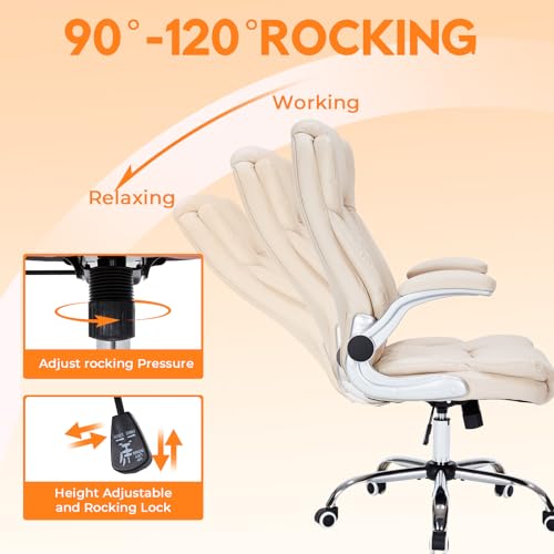 400lbs Executive Office Chair with Flip-Up Armrests, Big and Tall Computer Chair for Heavy People, Heavy Duty Ergonomic Comfy Chair, Breathable PU Leather (Cream) - color: Cream