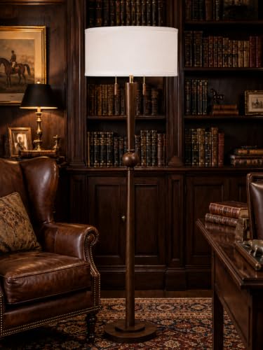 MOFFE Solid Wood Floor Lamp for Living Room,Pull Chains Standing Lamp | 62.8" Tall,17" White Drum Shade,Sculptural Wood Base & Stem,2-Light Design,Standing Lamp for Bedroom,2 Bulbs Included - color: Espresso Walnut