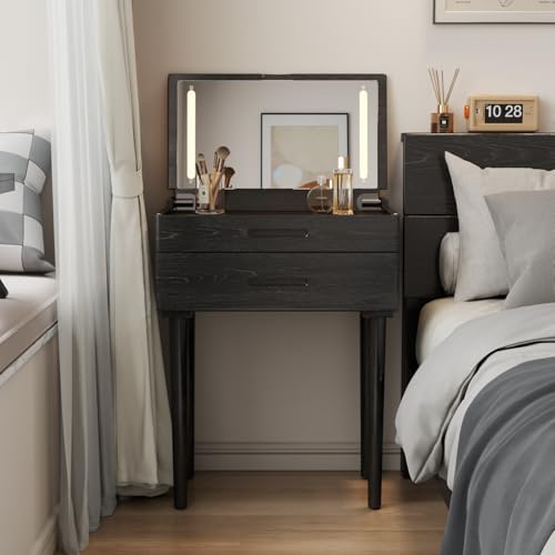 Solid Wood Small Vanity Desk with Mirror and Lights, Narrow Makeup Vanity for Small Space, Flip Top Vanity Side Table, 3 Color Modes & Adjustable Brightness, 23.6" Slim Dressing Table, Black - color: Black, size: 23.6" Wide