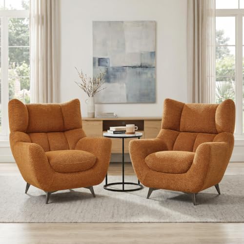 34.6" Oversized Accent Chair with WingBack, Teddy Boucle Curry | High Back, Wide Armrests, Metal Legs, Cozy Deep Seat Armchair , Reading Chair for Living Room, Bedroom, Apartment, Office - color: Curry, size: Set of 1