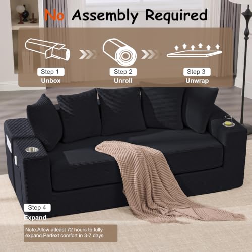 76" Convertible Sofa Bed, Corduroy Boneless Couch with Cup Holders & Pocket | 2-in-1 Sleeper Sofa, Pull-out Couch Bed with 5 Pillows, Living Room, Small Spaces, Bedroom, No Assembly - color: 76" Black