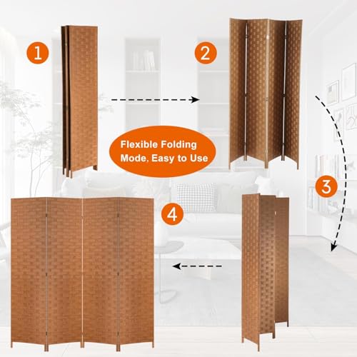 BLKMTY Room Divider, 6ft Folding Privacy Screens, Wall Divider Portable Room Seperating Freestanding Wood Screen, 4 Panels Hand-Woven Design Screen Double Hinged Dividers for Bedroom, Natural - color: Natural