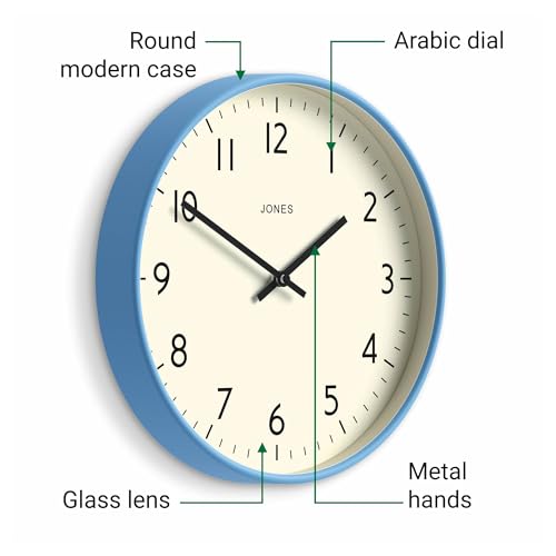JONES CLOCKS® Studio Clock | Modern Round wall Clock | 12" | Mid Blue | Easy to Read Numbers | Versatile Design for Kitchen, Living Room or Office - color: Mid Blue