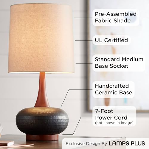 Andi 24 1/2" High Table Lamp Wood Ceramic Mid-Century Modern White | Colors May Vary. Hammered Bronze Brown Living Room Bedroom House Bedside Nightstand Home Office Drum Shade - color: Wood and Dark Hammered Ceramic