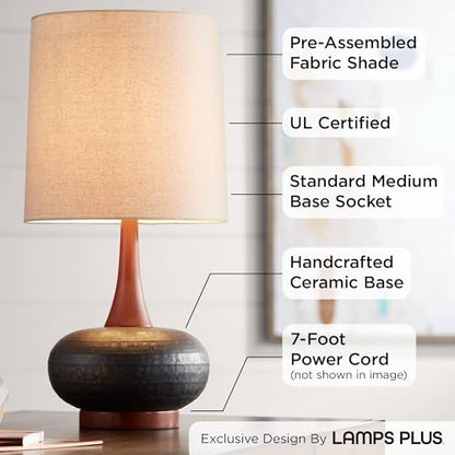 Andi 24 1/2" High Table Lamp Wood Ceramic Mid-Century Modern White | Colors May Vary. Hammered Bronze Brown Living Room Bedroom House Bedside Nightstand Home Office Drum Shade - color: Wood and Dark Hammered Ceramic