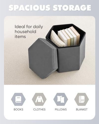 B FSOBEIIALEO Storage Ottoman Cube Hexagonal Pouf Ottomans, Foot Rest Seat for Sofa Footrest Entryway Shoe Footstool for Living Room/Bedroom/Entrway Velvet Grey 16.93"x15"x15" - color: Grey