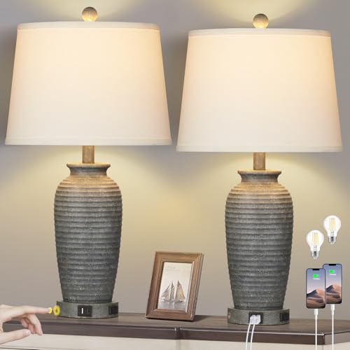 CINSARY 25" Farmhouse Jar Table Lamps Set of 2, 3 Way Touch Control Rustic Bedside Lamps with USB A+C Ports & AC Outlet, Pot Nightstand Lamps for Bedroom Living Room (LED Bulbs Included) - color: Gray