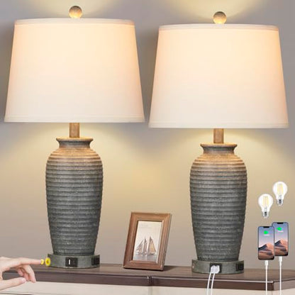 CINSARY 25" Farmhouse Jar Table Lamps Set of 2, 3 Way Touch Control Rustic Bedside Lamps with USB A+C Ports & AC Outlet, Pot Nightstand Lamps for Bedroom Living Room (LED Bulbs Included) - color: Gray