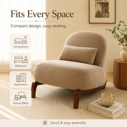 Modern Velvet Armless Accent Chair with Solid Wood Legs, Upholstered Single Lounge Chair, Comfy Reading Chair for Living Room, Bedroom & Reading Nook (Camel + Fabric, 2 Pack, Solid Wood) - color: Camel + Fabric, size: 2 Pack