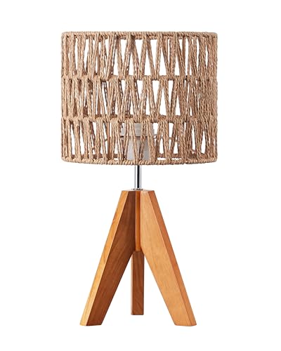 EDISHINE Rattan Small Table Lamp, Boho Nightstand Lamp, 14.2", E26 Base | Natural Style, Wood Tripod Base, Rosewood Color & W-Pattern Shade, Bedside Lamp for Living Room, End Table, Office - color: Rosewood Color&W-pattern Shade