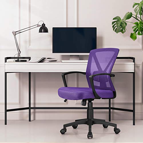 Yaheetech Mid-Back Mesh Task Office Desk Chair with Wheels and Arms, Purple | Breathable mesh back and foam-padded seat for all-day comfort; sturdy metal frame, height adjustable, and easy to assemble - color: Purple, style: Modern