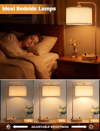 Innqoo Wood Table Lamp for Bedroom with USB Port and Outlet, Dimmable Nightstand Bedside Lamps with Linen Lampshade, Desk Lamp for Home Office, Living Room, Guest Room, LED Bulb Included - color: F-Beige Shade & Wood Base