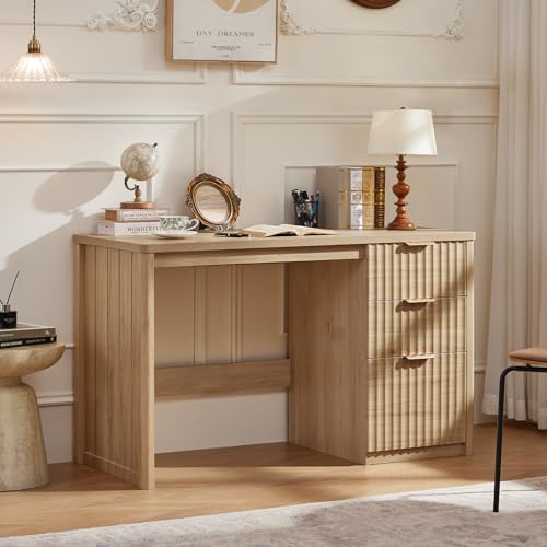 LEYAOYAO Office Desk 48" with 3 Drawers Storage File Cabinet | Wood Fluted Work Study Escritorio Desks for Computer Office Bedroom Home Furniture - color: Natural