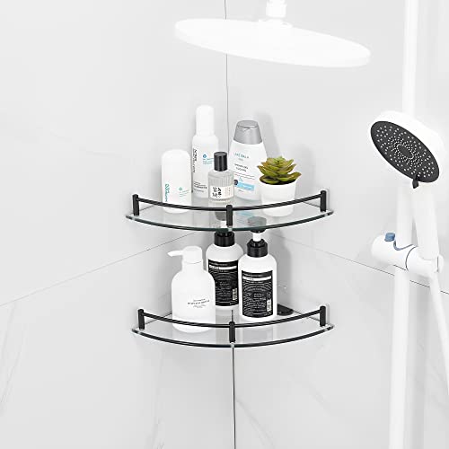 Glass Shower Corner Shelves 2 Pack - Floating Bathroom Shelves Tempered Glass Shelf with Rails SUS 304 Stainless Steel Wall Mounted Organizer, 24cmx24cm 6mm, Black