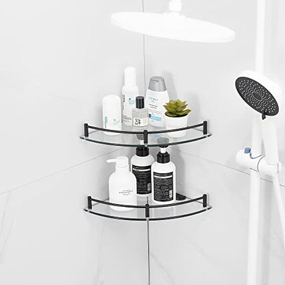 Glass Shower Corner Shelves 2 Pack - Floating Bathroom Shelves Tempered Glass Shelf with Rails SUS 304 Stainless Steel Wall Mounted Organizer, 24cmx24cm 6mm, Black