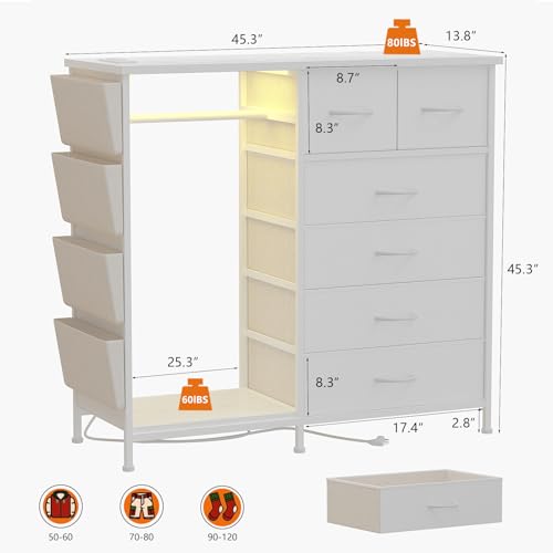 6 Drawer Dresser for Bedroom with Clothes Rack, Clothes Dresser with Side Pockets and Hooks, Charging Station & LED Lights, Wooden Top, Fabric Storage (White) - color: White