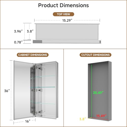 16" x 36" Bathroom Medicine Cabinet with Mirror, Recessed or Wall Mount | Medicine Cabinets with Adjustable Glass Shelves, Soft-Closed Hinge, Chrome Aluminum Frame, Reverse Installation - size: 16" x 36"
