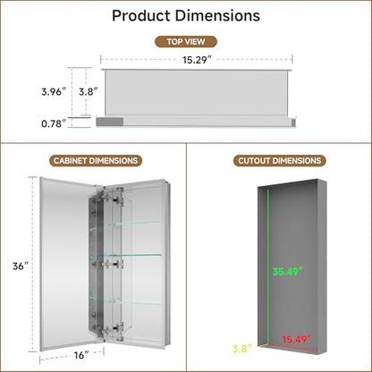 16" x 36" Bathroom Medicine Cabinet with Mirror, Recessed or Wall Mount | Medicine Cabinets with Adjustable Glass Shelves, Soft-Closed Hinge, Chrome Aluminum Frame, Reverse Installation - size: 16" x 36"