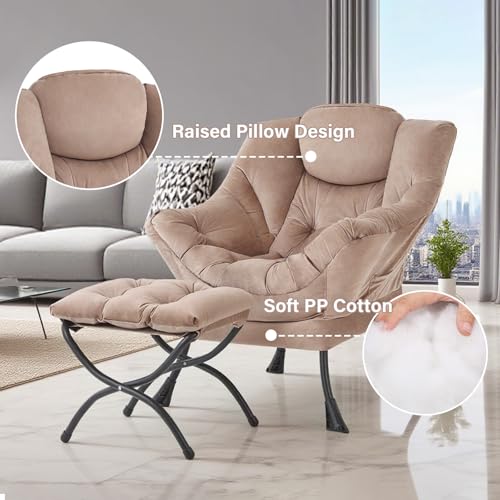 Lazy Chair with Ottoman, Comfy Reading Accent Chair, Velvet Khaki | Foldable Footrest, Padded Seat and Backrest, Side Pocket for Lounging in Living Rooms, Bedrooms, Dorms and Small Spaces - color: Khaki