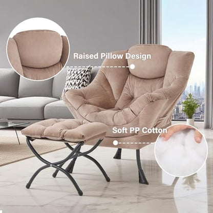 Lazy Chair with Ottoman, Comfy Reading Accent Chair, Velvet Khaki | Foldable Footrest, Padded Seat and Backrest, Side Pocket for Lounging in Living Rooms, Bedrooms, Dorms and Small Spaces - color: Khaki