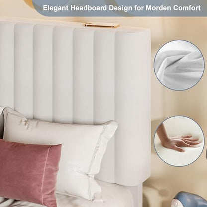 Einhomn Twin Size Bed Frame with Headboard, Upholstered Velvet Platform Bedframe with Solid Wooden Slats, Noise-Free, No Box Spring Needed, Easy Assembly, White - color: White, size: Twin
