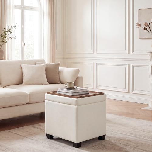 15 inch Square Storage Ottoman with Tray Lid,Modern Tufted Fabric Cube Coffee Table with Storage,Upholstered Ottoman with Removable Top for Living Room, Bedroom - color: Cream White With Tray